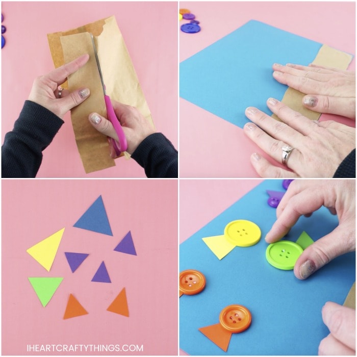 square collage image showing steps for making button fish craft