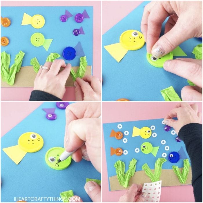 square collage image showing four steps for how to make a button fish craft