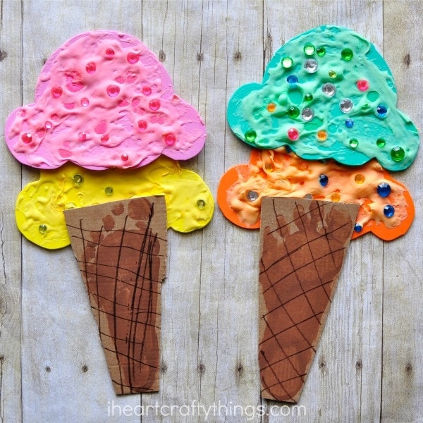 This puffy paint and footprint ice cream cone craft screams summer time fun and the footprint cone makes it a perfect summer craft keepsake.
