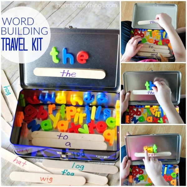 This Word Building Activity Travel Kit is a great way to add some hands-on learning and fun during long car rides or even travel around town! Use sight words, color words or word families to personalize this word building exercise!