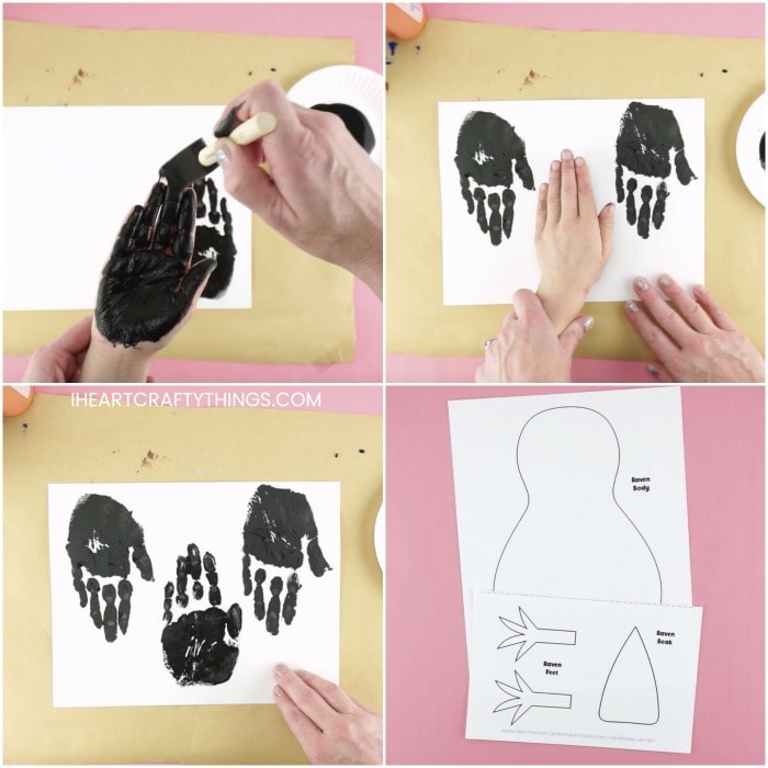 four image collage showing child having their hand painted and printed on white cardstock paper