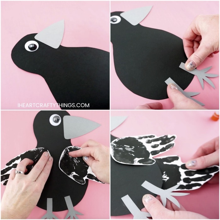 four image collage showing how to glue each of the pieces onto the raven craft