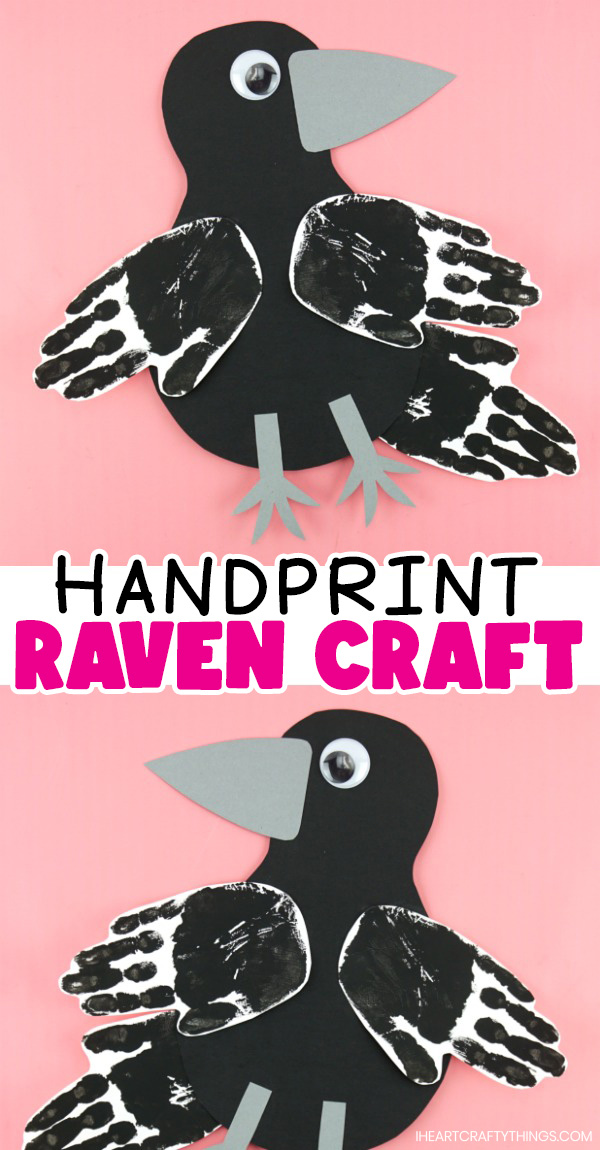 vertical two image collage with each raven facing opposite directions and the text "handprint raven craft" in the center