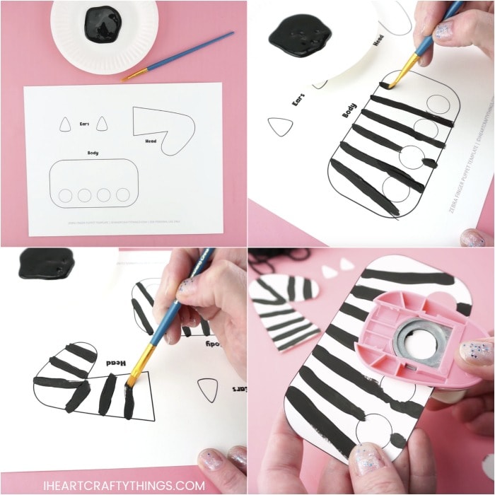 Four image collage showing how to paint the black stripes on the zebra template and how to cut out the finger holes in the template.