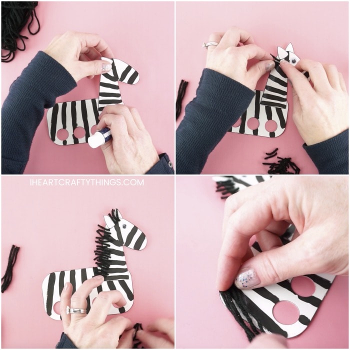 Four image collage showing how to glue the zebra template pieces together and how to glue pieces of black yarn onto the zebra for a mane and tail.