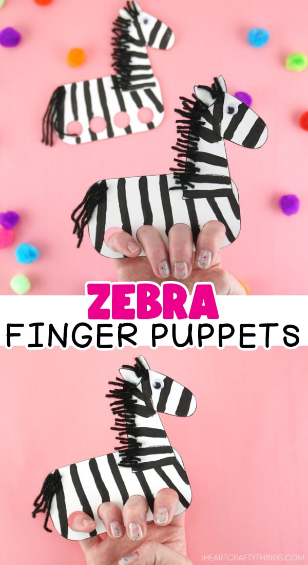 Two images in a vertical collage showing a person with their fingers in the puppet and the words "zebra finger puppets" in the center.