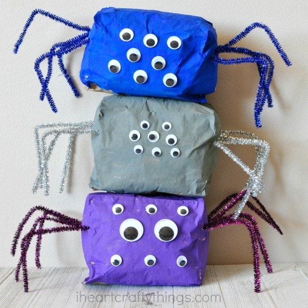 This stuffed paper bag spider craft is great as a spooky Halloween kids craft but it would also be good for any time of the year after learning about spiders or reading a spider-themed children's book.