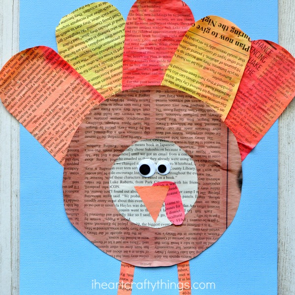 This gorgeous watercolor painted newspaper turkey craft makes a great Thanksgiving kids craft for your family to enjoy together. Fun Thanksgiving craft for kids, turkey craft and turkey kids craft.