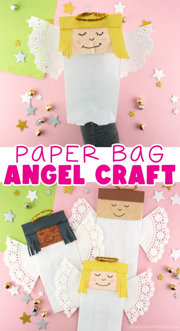 Vertical two image collage with close up image of person with their hand in the angel puppet in the top image and three angel crafts scattered around in the bottom image with the text "paper bag angel craft" in the center between the two images.