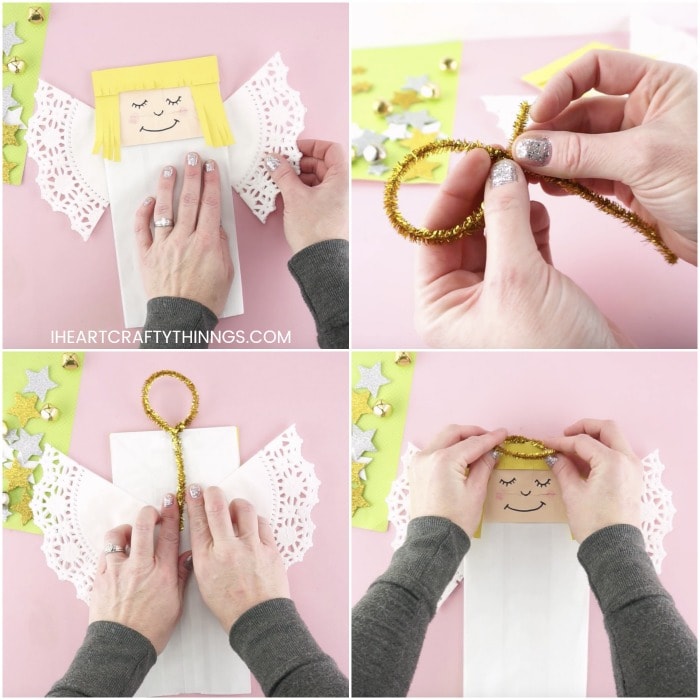 Four image collage showing an adult gluing the doily wings on the back of the angel, twisting the pipe cleaner into a halo and attaching it to the paper bag angel puppet with tape.