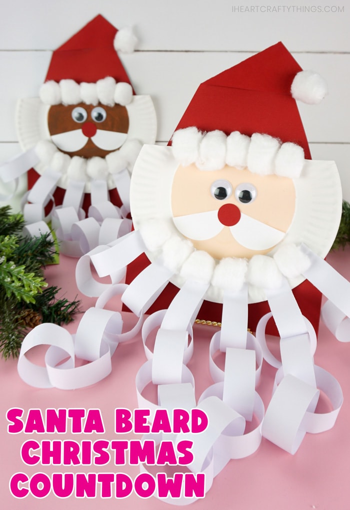 Vertical image showing one Santa beard countdown craft in the front in focus and one in the back out of focus. Words "Santa Beard Christmas Countdown" in the bottom left corner.