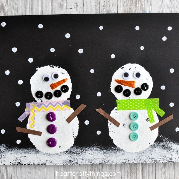 Read Snowmen at Night after building a snowman on a snowy, winter day and afterwards can get crafty creating this snowmen at night craft. Fun snowman craft for kids and winter kids craft.