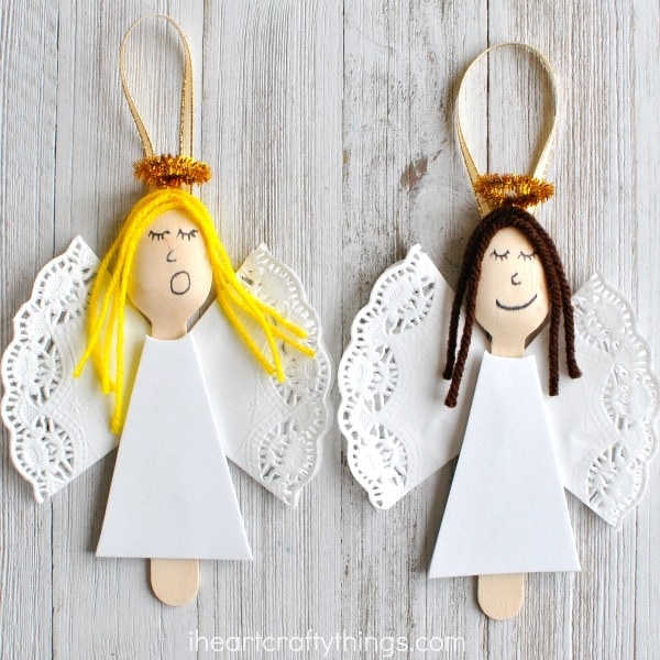 These wooden spoon angel Christmas ornaments are elegant and will add a pretty touch to your tree every year. Great homemade Christmas ornament for kids and fun Christmas craft for kids.