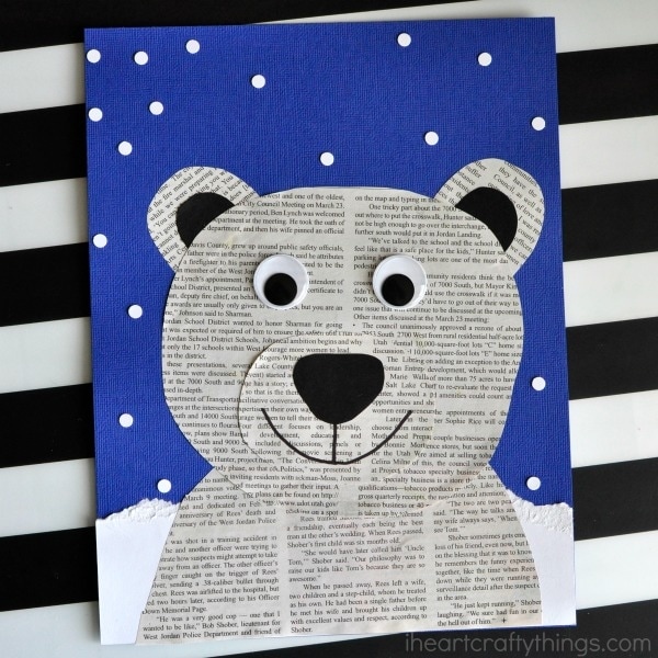 This newspaper polar bear craft is perfect for a winter kids craft, preschool craft, newspaper craft and arctic animal crafts for kids.