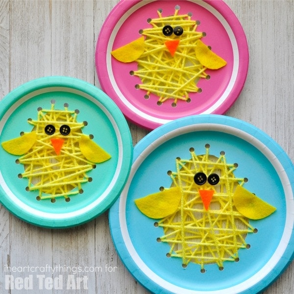 This darling paper plate sewing Easter chick craft is exploding with cuteness. Fun Easter craft for kids, sewing kids craft and spring kids craft.