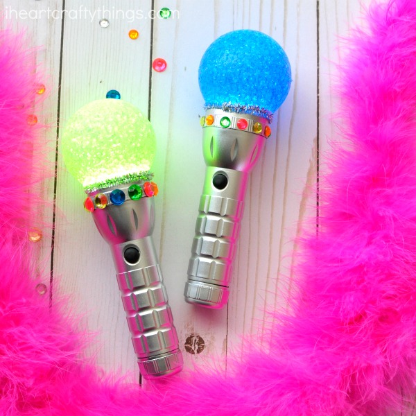 This fun glowing rock star microphone craft is fun for family karaoke night, rock star birthday party activity and SING movie craft for kids.
