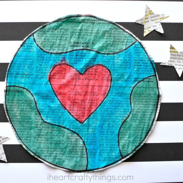 This gorgeous newspaper Earth Day craft is a simple and beautiful craft for kids for Earth Day, fun Earth craft for kids and recyclable crafts for kids.