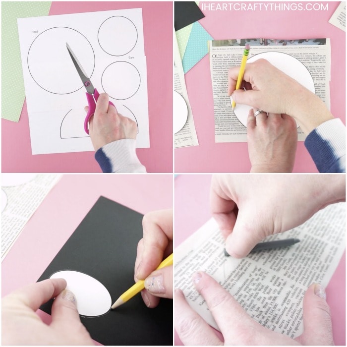 four image collage showing tutorial steps for how to make a newspaper koala craft