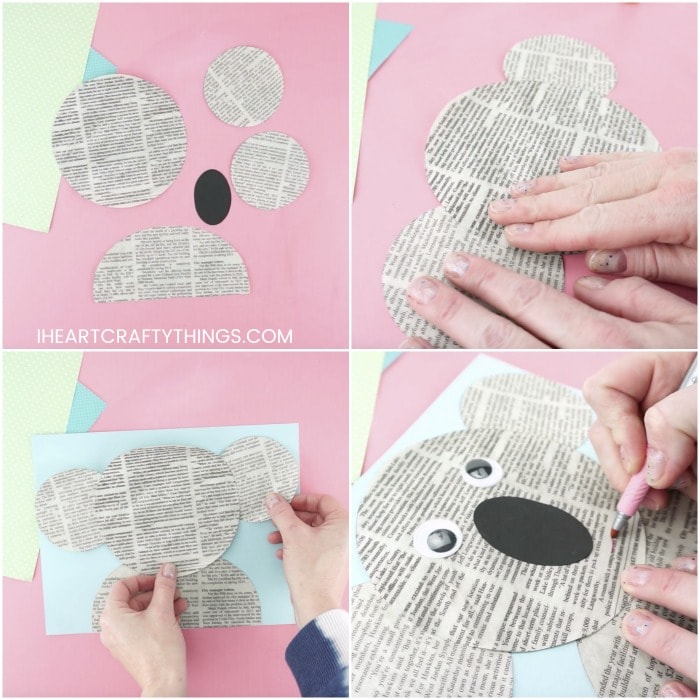 four image collage showing tutorial steps for how to make a newspaper koala craft