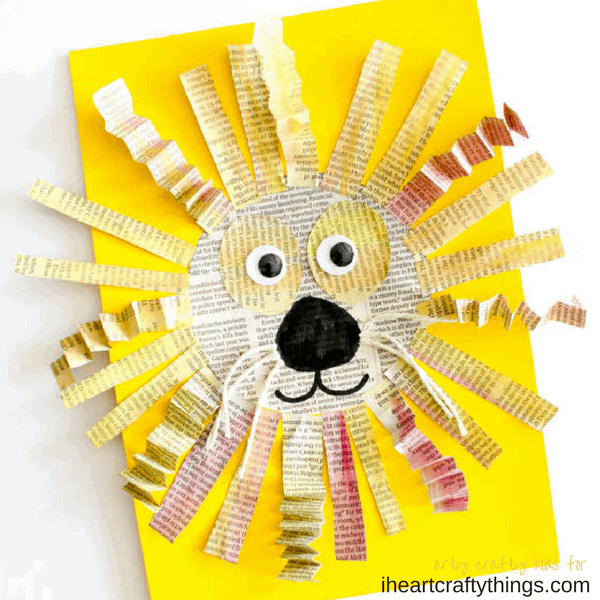 Use leftover newspaper to create this amazing mixed media newspaper lion craft for kids. Fun lion kids craft, mixed media art for kids and newspaper crafts.