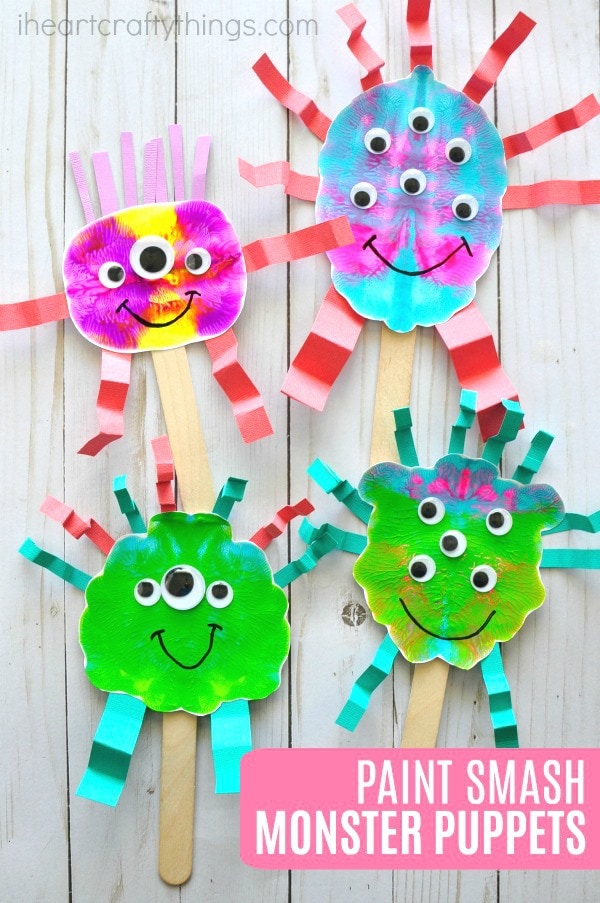 These fun paint smash monster puppets are a great book inspired craft for kids for a monster-themed book. Fun monster craft and kids process art activity.