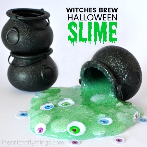 Simple and easy witches brew Halloween slime for kids. Great kid-friendly activity for Halloween parties using Elmer's Slime Start Kit.