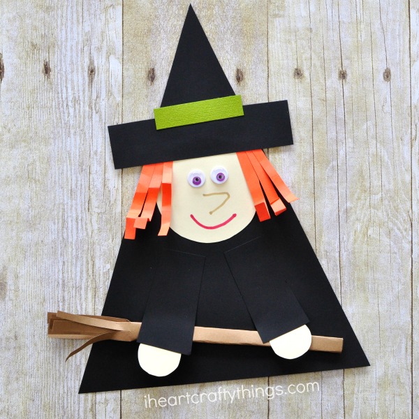 Use shapes to create this cute witch paper craft for Halloween. Fun preschool Halloween craft, Halloween witch craft and paper crafts for kids.