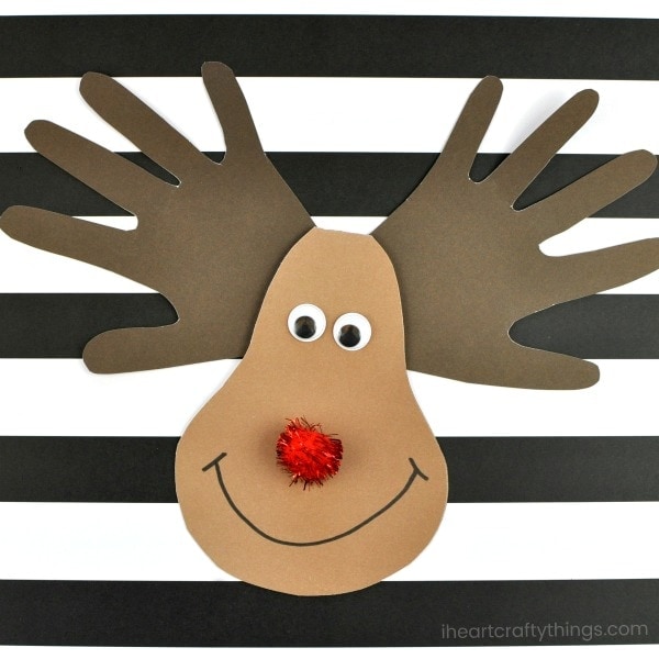 Make an adorable reindeer handprint Christmas card for Mom, Dad or Grandma. Fun Christmas keepsake crafts and kid-made Christmas cards.