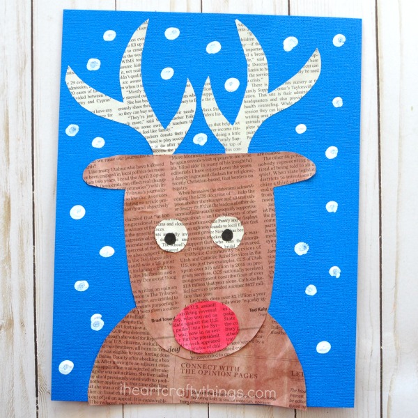 Repurpose newspaper into an awesome newspaper reindeer craft. Great Christmas kids craft, rudolph craft for kids and Christmas arts and crafts ideas.
