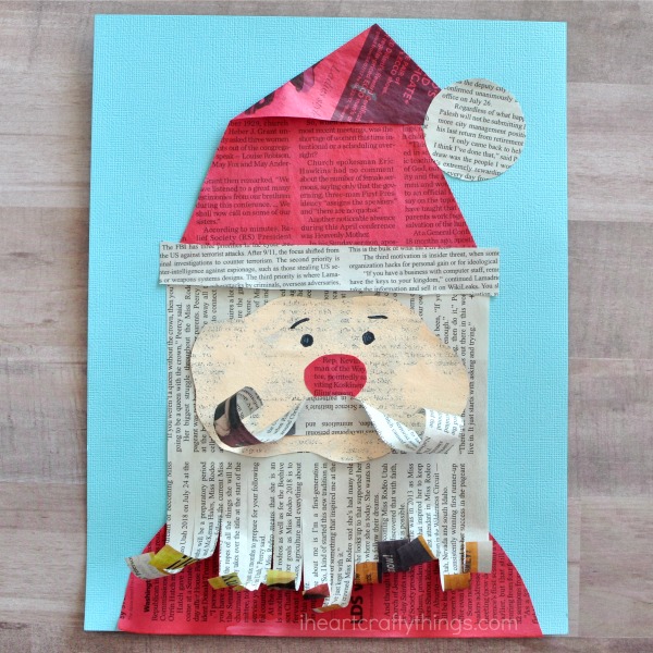 This adorable newspaper Santa Claus craft makes a great Christmas kids craft, Santa kids craft, newspaper kids craft and mixed media art project for kids.