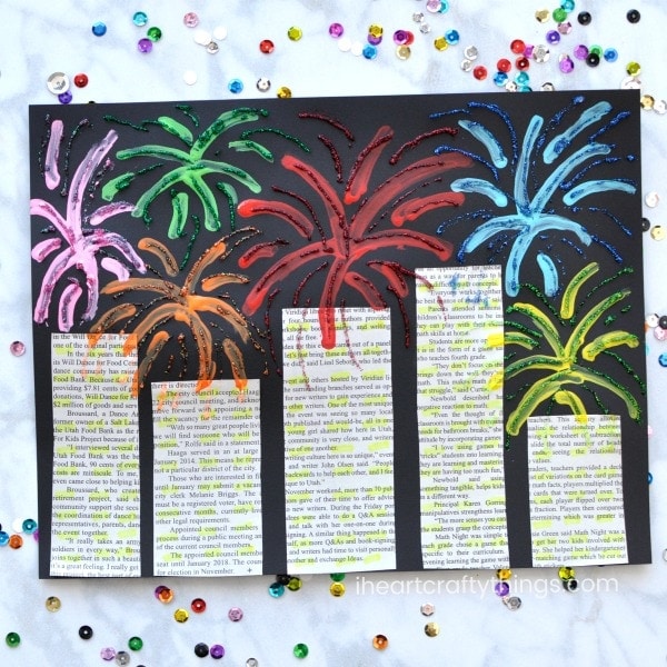 This mixed media New Year's Eve Fireworks Craft is a great art project for kids of all ages to make for your New Year's Eve celebration. The use of newspaper gives this beautiful fireworks craft a fun recycled element and the bright colors and sparkly glitter glue make the fireworks pop off the paper.