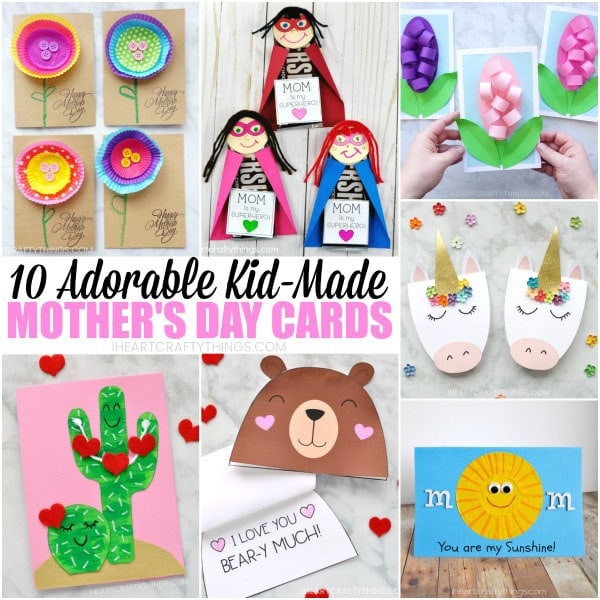 Aquí hay una lista de 10 adorables ideas de tarjetas para el Día de la Madre que son lo suficientemente simples que los niños pueden hacer por su cuenta.  Ya sea que esté buscando una plantilla fácil de usar para los niños o simplemente necesite una idea que incluso los niños pequeños y preescolares puedan crear, a continuación encontrará una variedad de ideas de tarjetas para el Día de la Madre para niños de todas las edades.