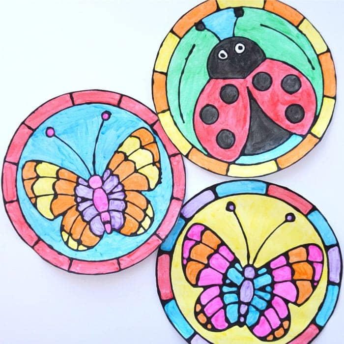 Celebrate the spring season by creating this colorful black glue spring art project. The round, stained glass templates have a fluttering butterfly or a cute ladybug in the center. See how easy it is to create th