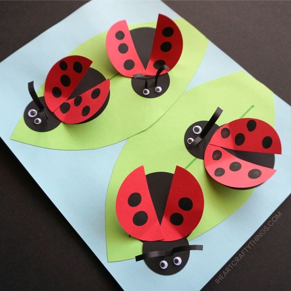 If you have ladybug fans in your home, they are going to adore making this simple paper ladybug craft. The fingerprint spots on the ladybug wings gives this fun spring craft a personal touch. Kids will adore how the wings pop off the page as if the ladybugs are in flight. This makes a fun insect craft for kids.