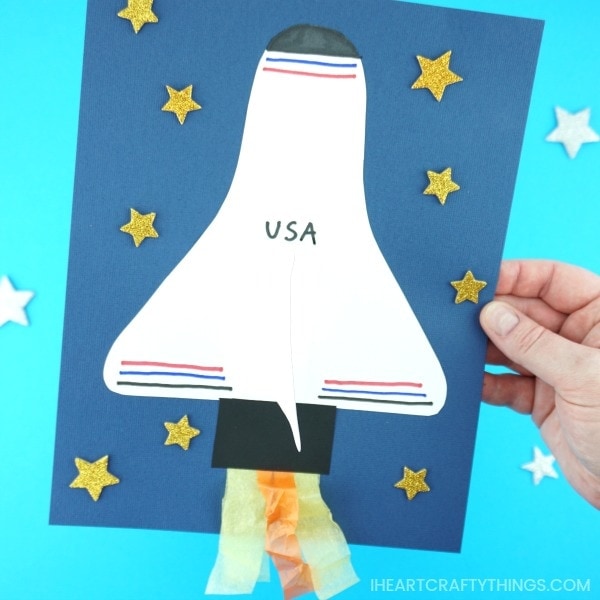 This fun space shuttle paper craft is a great summer craft for kids or for school to accompany a solar system unit. The space shuttle wing popping off the page gives this paper craft a fun 3D effect to it. The space shuttle craft would look great up on display on a classroom bulletin board with a blasting off theme.