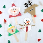 These cute Christmas stick puppets are simple to make with our free template We have Santa, Rudolph the red-nosed reindeer, an elf and a snowman.