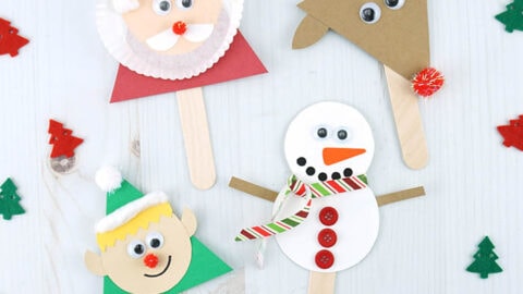 These cute Christmas stick puppets are simple to make with our free template We have Santa, Rudolph the red-nosed reindeer, an elf and a snowman.