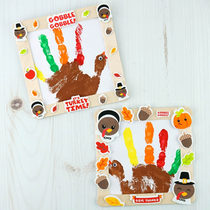 Make this cute handprint turkey craft with a Thanksgiving frame around it as a fun Thanksgiving kids craft this year. Fun turkey craft for kids.