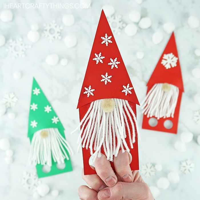Use our free template to make these adorable gnome craft finger puppets. Fun Christmas gnome craft, garden gnome craft and winter kids craft.