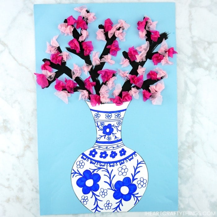 Simple and beautiful cherry blossom art project for kids of all ages. Design a Japanese art vase and fill it with colorful cherry blossoms. Easy spring craft for kids.