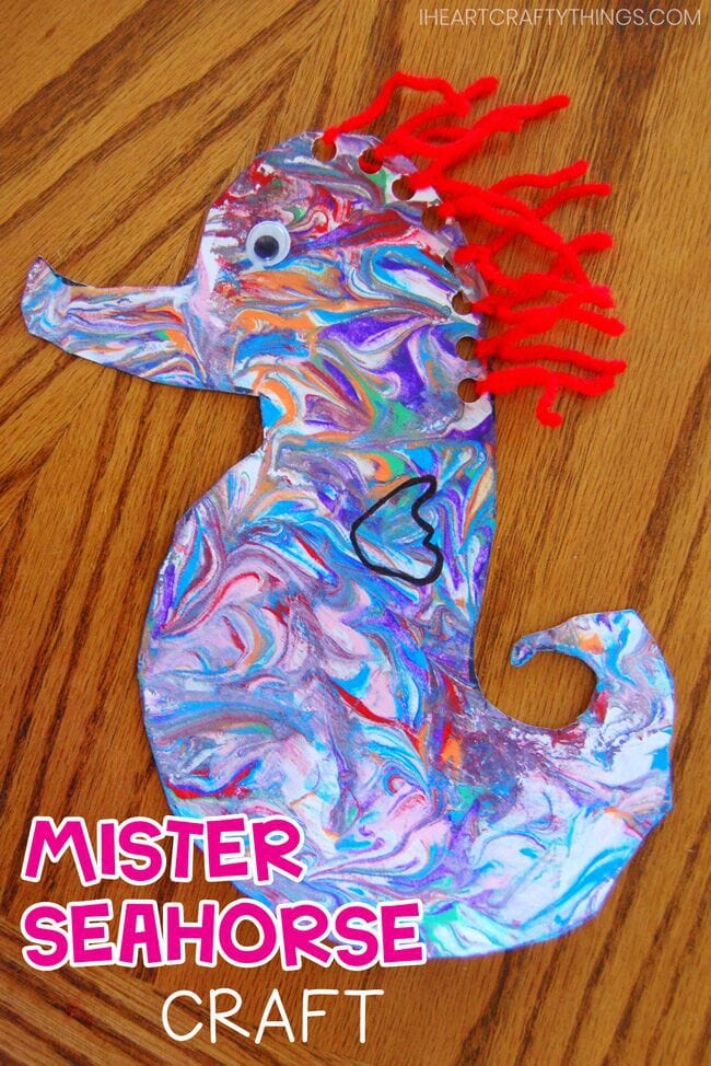 Create your own Mister Seahorse Craft using this creative shaving cream marbled painting technique. This ocean themed art project is the perfect companion to Eric Carle’s book!