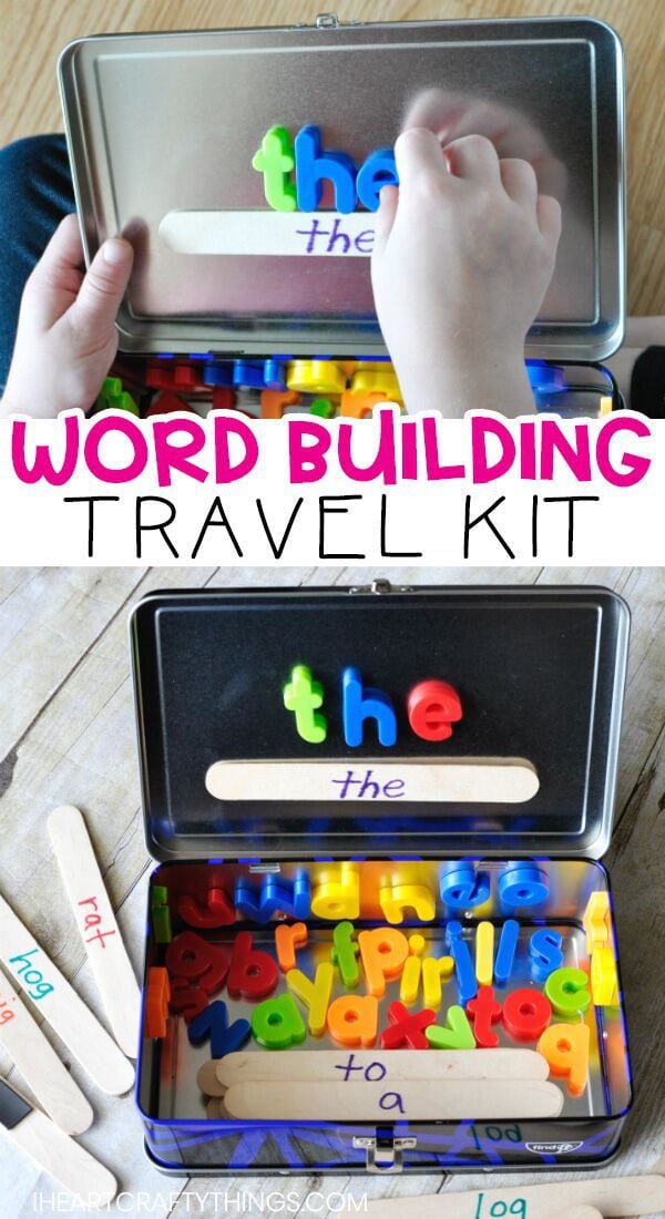 This Word Building Activity Travel Kit is a great way to add some hands-on learning and fun during long car rides or even travel around town! Use sight words, color words or word families to personalize this word building exercise!