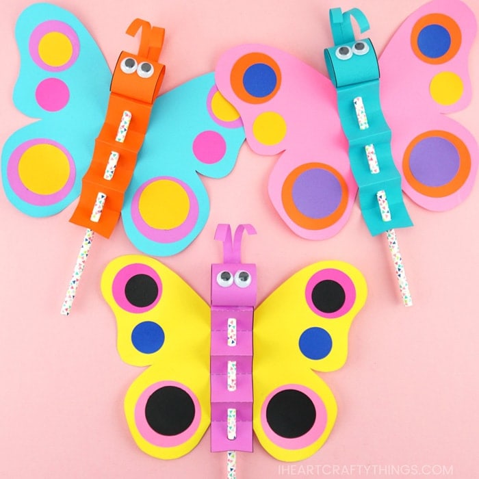 Use our free template to make a paper butterfly puppet. The colorful butterflies are fun for preschoolers and kids of all ages to flutter around.