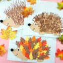 Three fun and easy ways to use our free hedgehog template to create cute hedgehog crafts for kids. Leaf hedgehog, fork painting and ruler lines fall crafts.