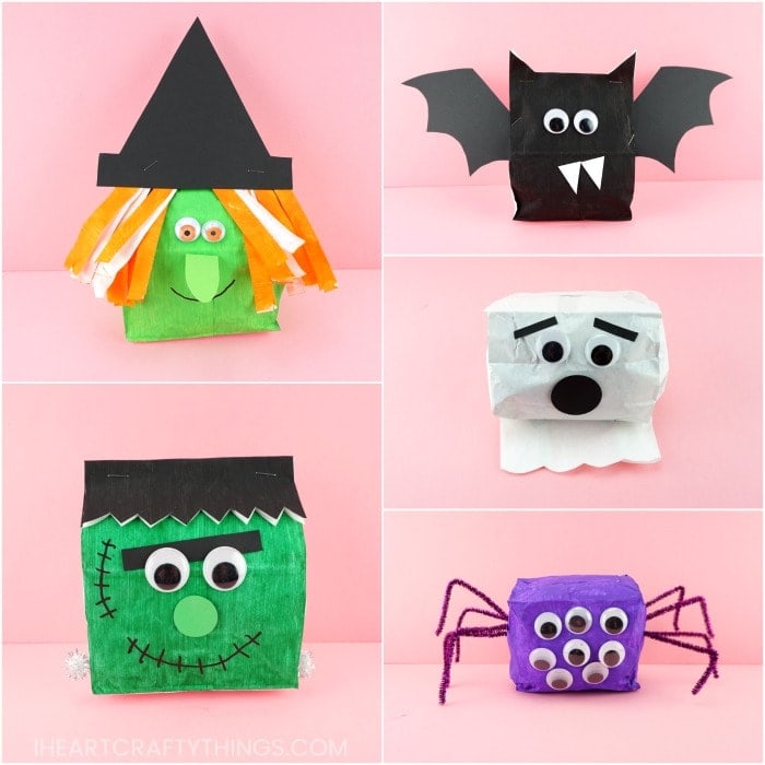 Paper Bag Halloween Crafts -Cute Witch, Bat, Frankenstein, Spider And