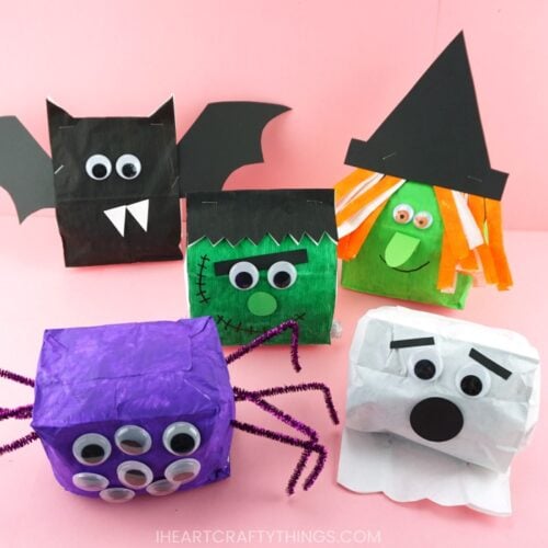 Paper Bag Halloween Crafts -Cute Witch, Bat, Frankenstein, Spider And