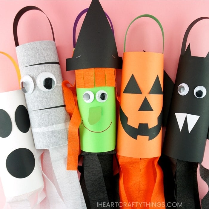 Fun and easy DIY Halloween Windsocks. Kids can make a bat, witch, ghost, mummy or jack-o-lantern with our free templates. Simple Halloween crafts for kids.