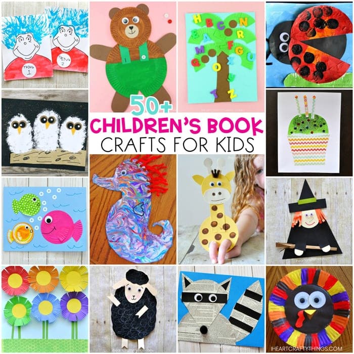 collage image of 14 children's book crafts that go with popular and classic books.