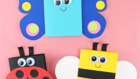 butterfly, ladybug and bee spring cards for kids to make on a pink background