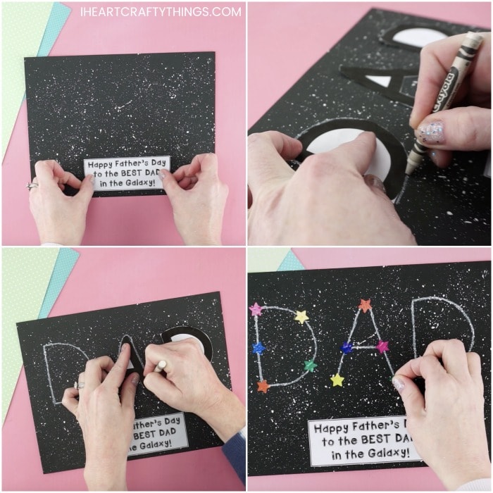 square photo collage with four photos showing how to make a Father's Day constellation craft